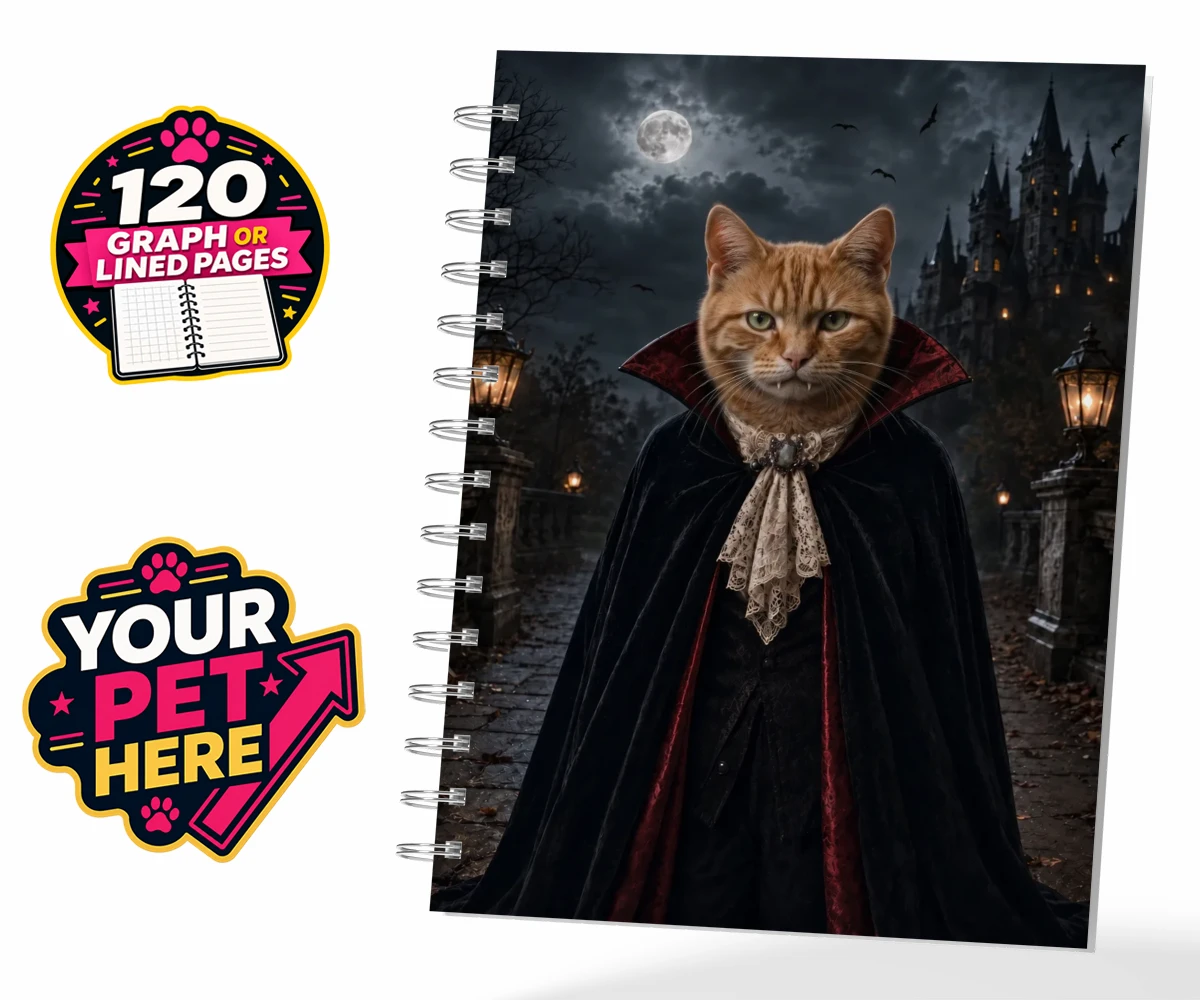 Personalised Dracula Paw cat spiral notebook featuring meet Dracula Paw, the purrr-fect blend of feline charm and gothic flai
