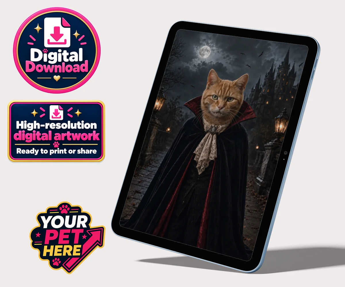 Personalised digital portrait of Dracula Paw, a cat in a black cloak with a red lining and lace cravat, set against a haunted castle backdrop.