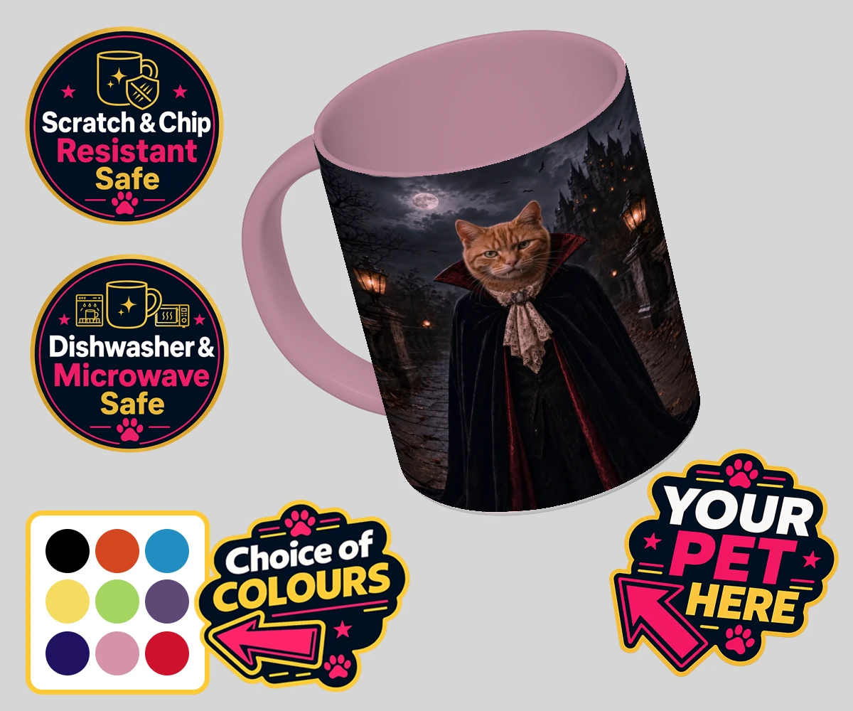 Personalised Dracula Paw cat coloured photo mugs featuring meet Dracula Paw, the purrr-fect blend of feline charm and gothic flai