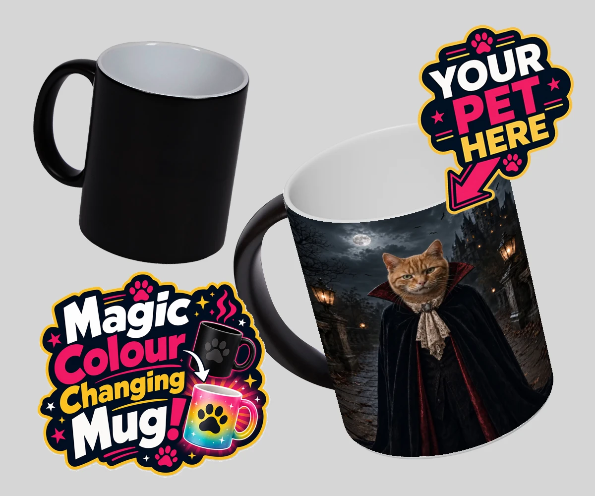 Personalised Dracula Paw cat magic photo mugs featuring meet Dracula Paw, the purrr-fect blend of feline charm and gothic flai