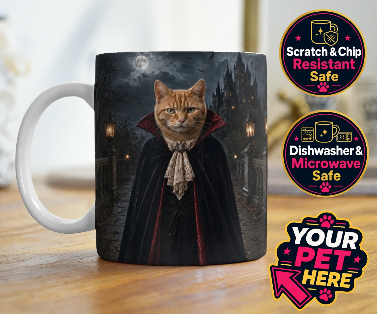 Personalised Dracula Paw cat photo mugs featuring meet Dracula Paw, the purrr-fect blend of feline charm and gothic flai