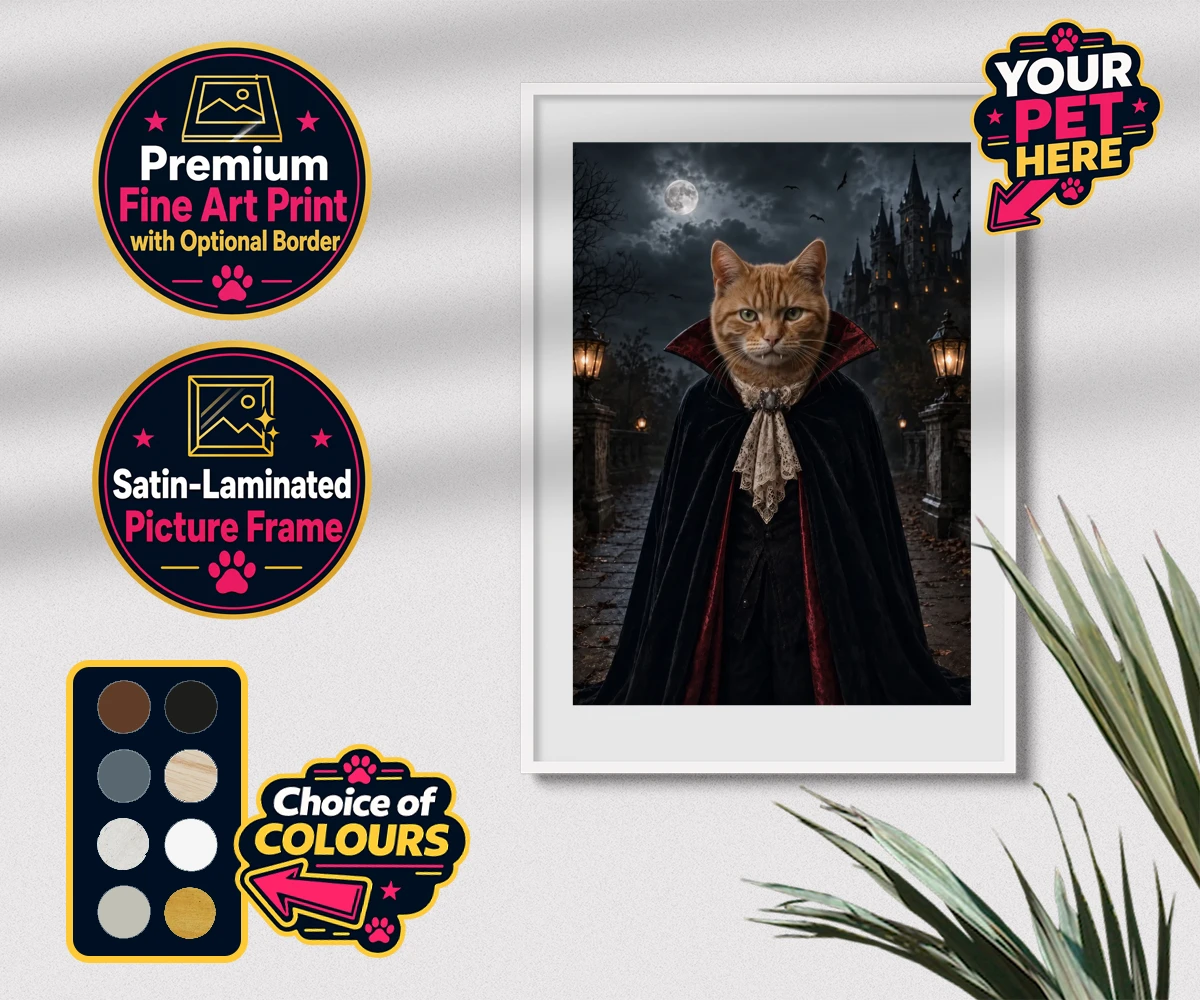 Personalised Dracula Paw cat premium framed print featuring meet Dracula Paw, the purrr-fect blend of feline charm and gothic flai
