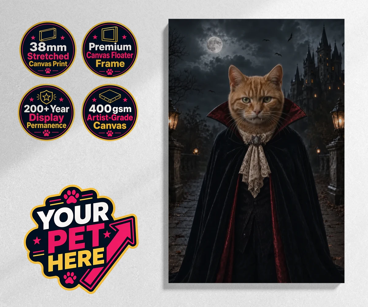 Personalised Dracula Paw cat stretched canvas print featuring meet Dracula Paw, the purrr-fect blend of feline charm and gothic flai