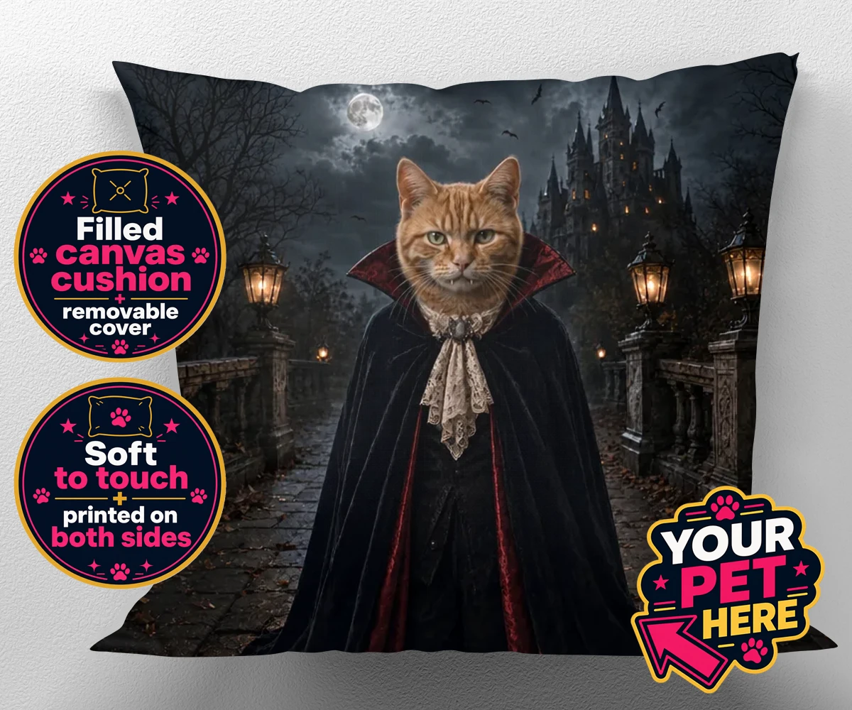 Personalised Dracula Paw cat canvas cushions featuring meet Dracula Paw, the purrr-fect blend of feline charm and gothic flai