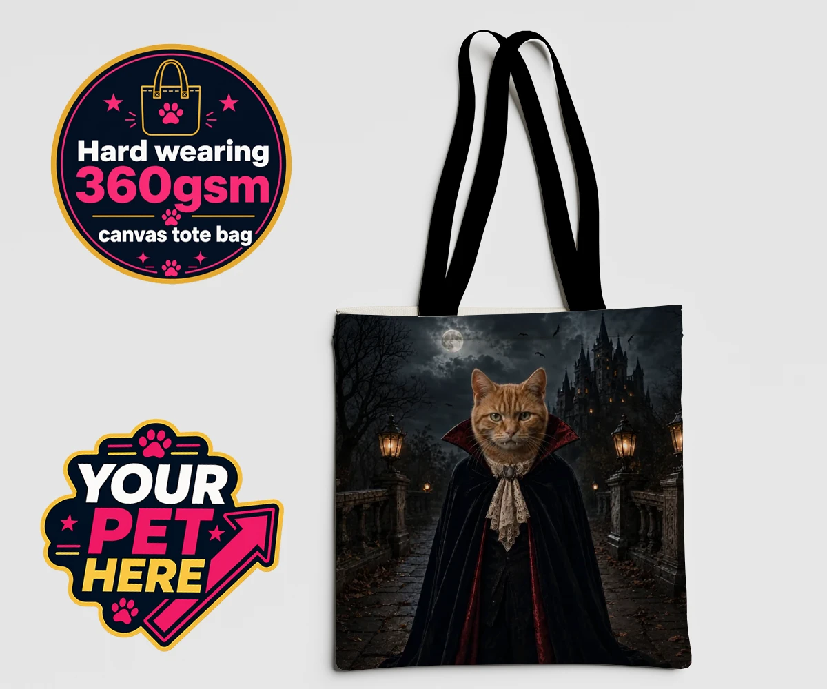 Personalised Dracula Paw cat canvas tote bags featuring meet Dracula Paw, the purrr-fect blend of feline charm and gothic flai