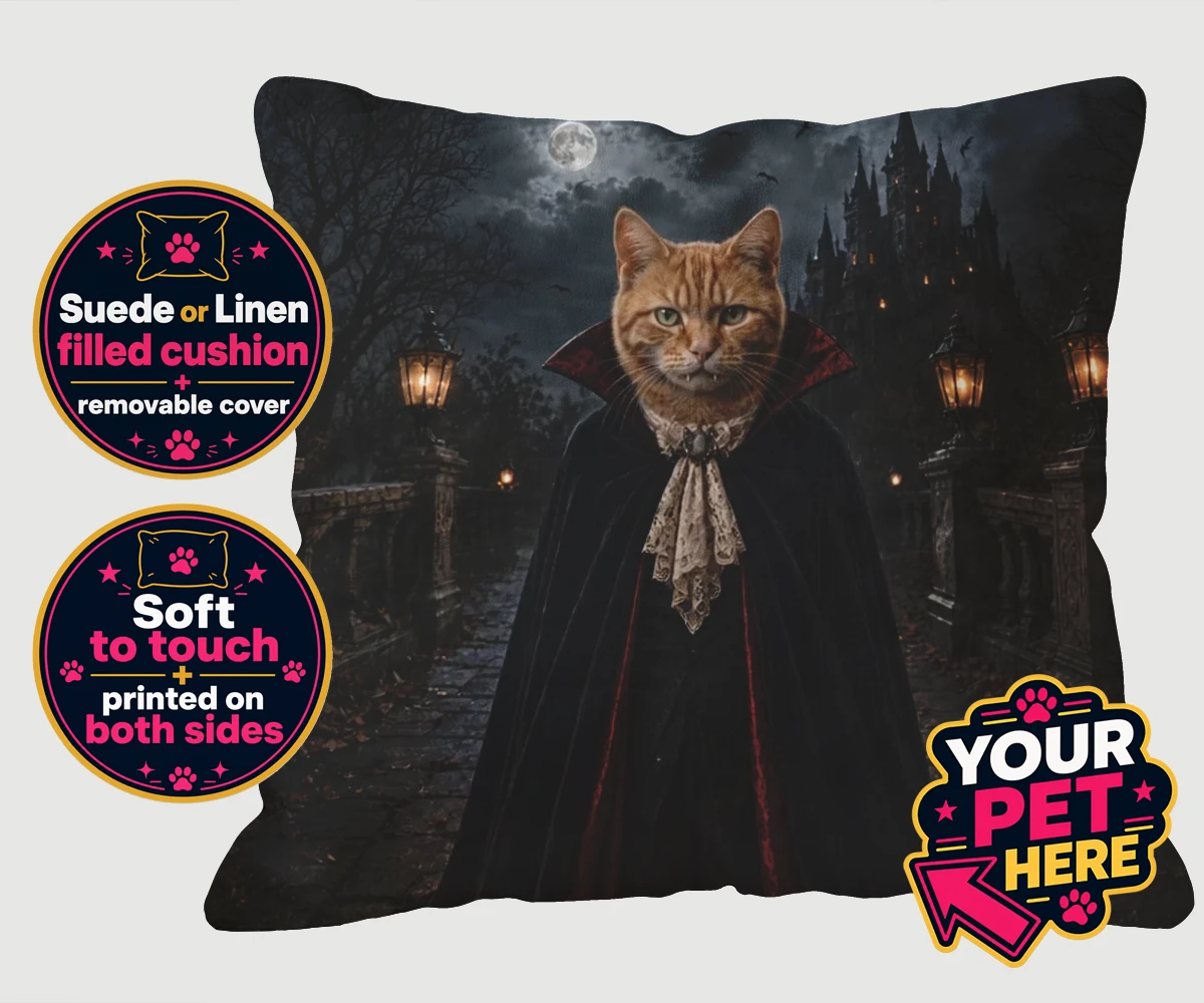 Personalised Dracula Paw cat cushions featuring meet Dracula Paw, the purrr-fect blend of feline charm and gothic flai