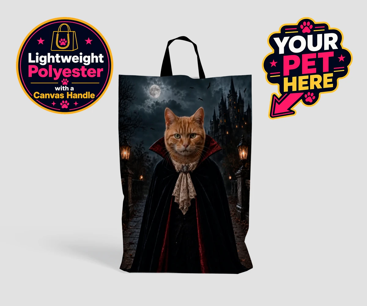Personalised Dracula Paw cat shopping bags featuring meet Dracula Paw, the purrr-fect blend of feline charm and gothic flai