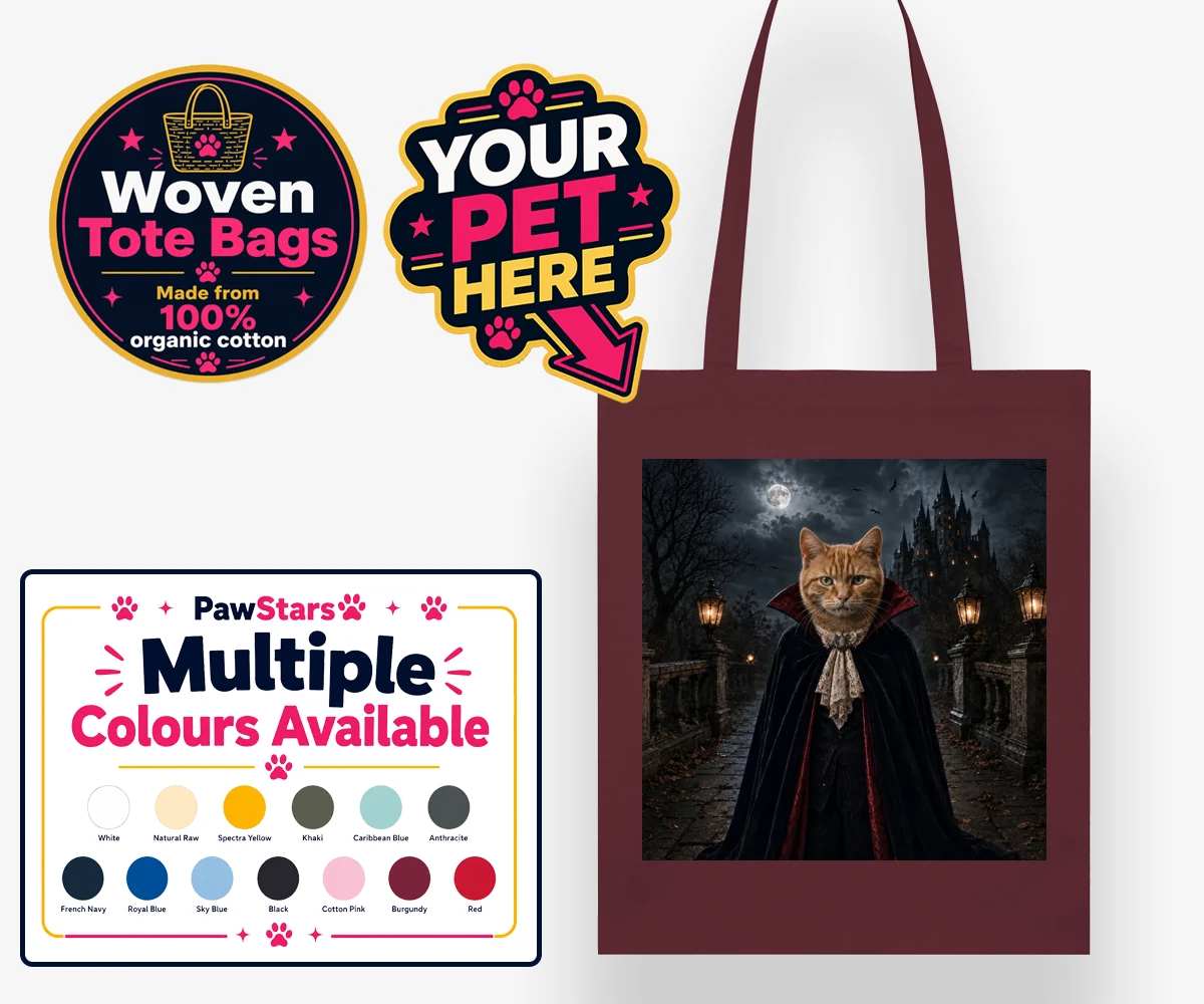 Personalised Dracula Paw cat woven tote bags featuring meet Dracula Paw, the purrr-fect blend of feline charm and gothic flai