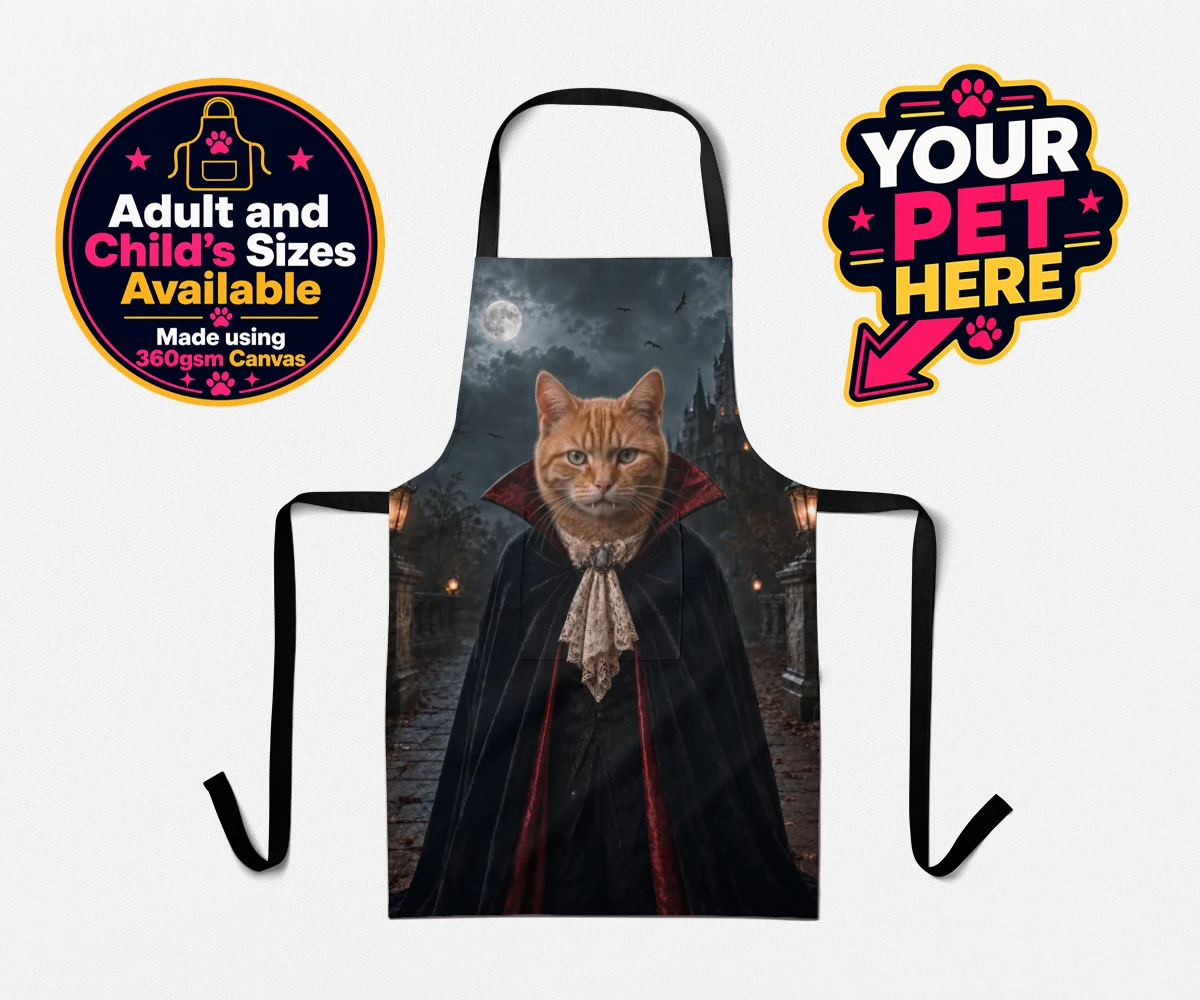 Personalised Dracula Paw cat aprons featuring meet Dracula Paw, the purrr-fect blend of feline charm and gothic flai