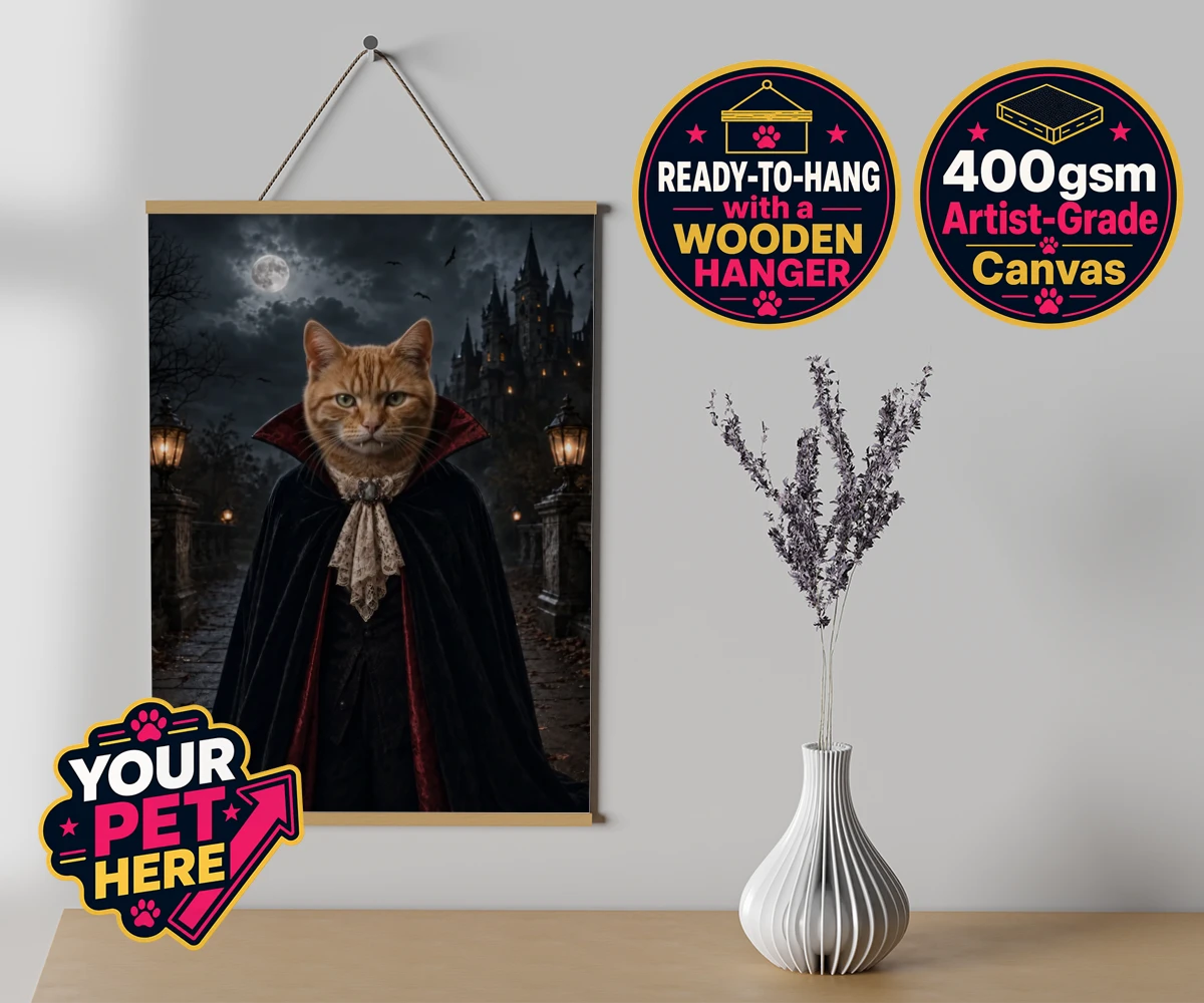 Personalised Dracula Paw cat canvas poster prints with hanger featuring meet Dracula Paw, the purrr-fect blend of feline charm and gothic flai