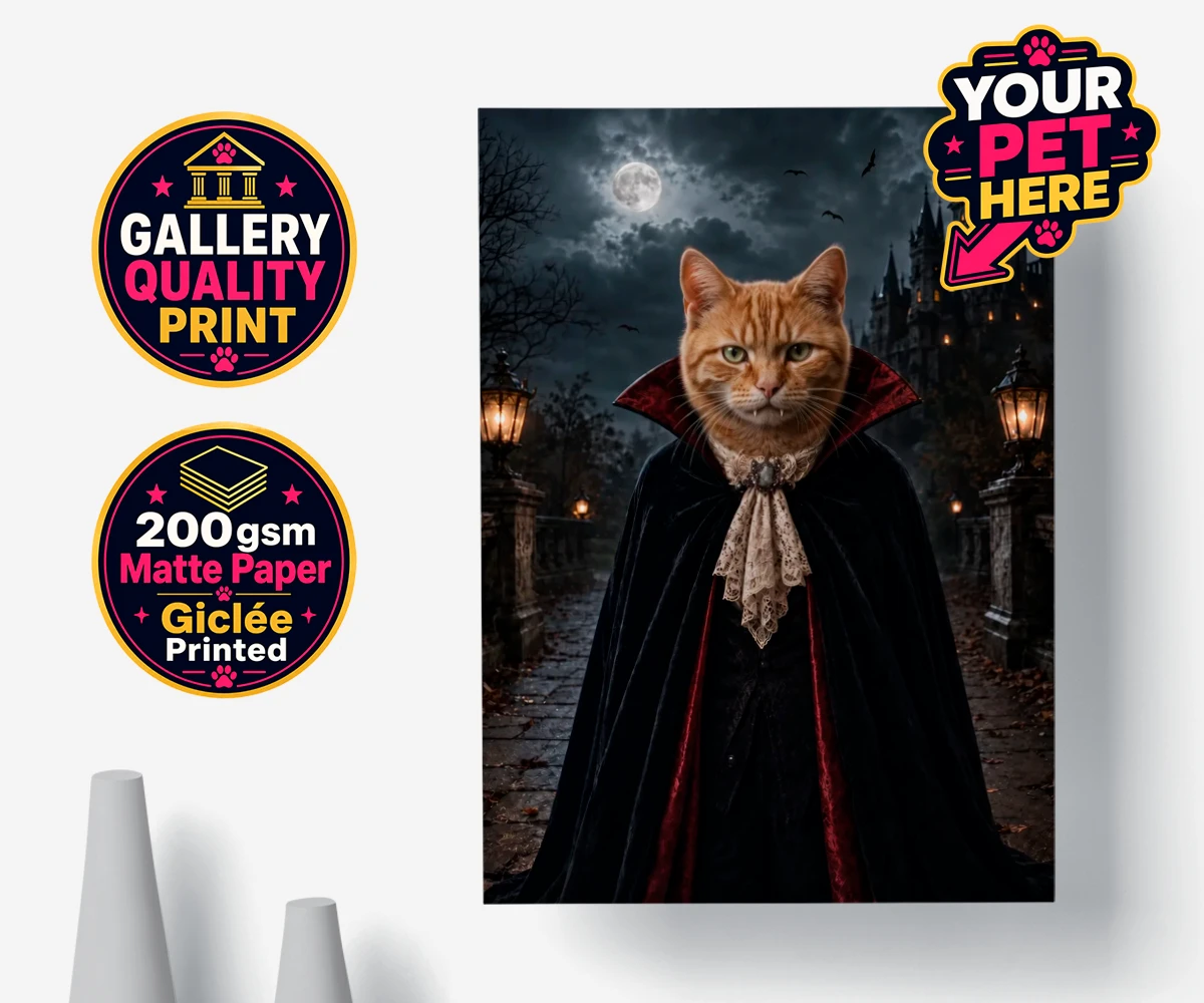 Personalised Dracula Paw cat premium poster print featuring meet Dracula Paw, the purrr-fect blend of feline charm and gothic flai