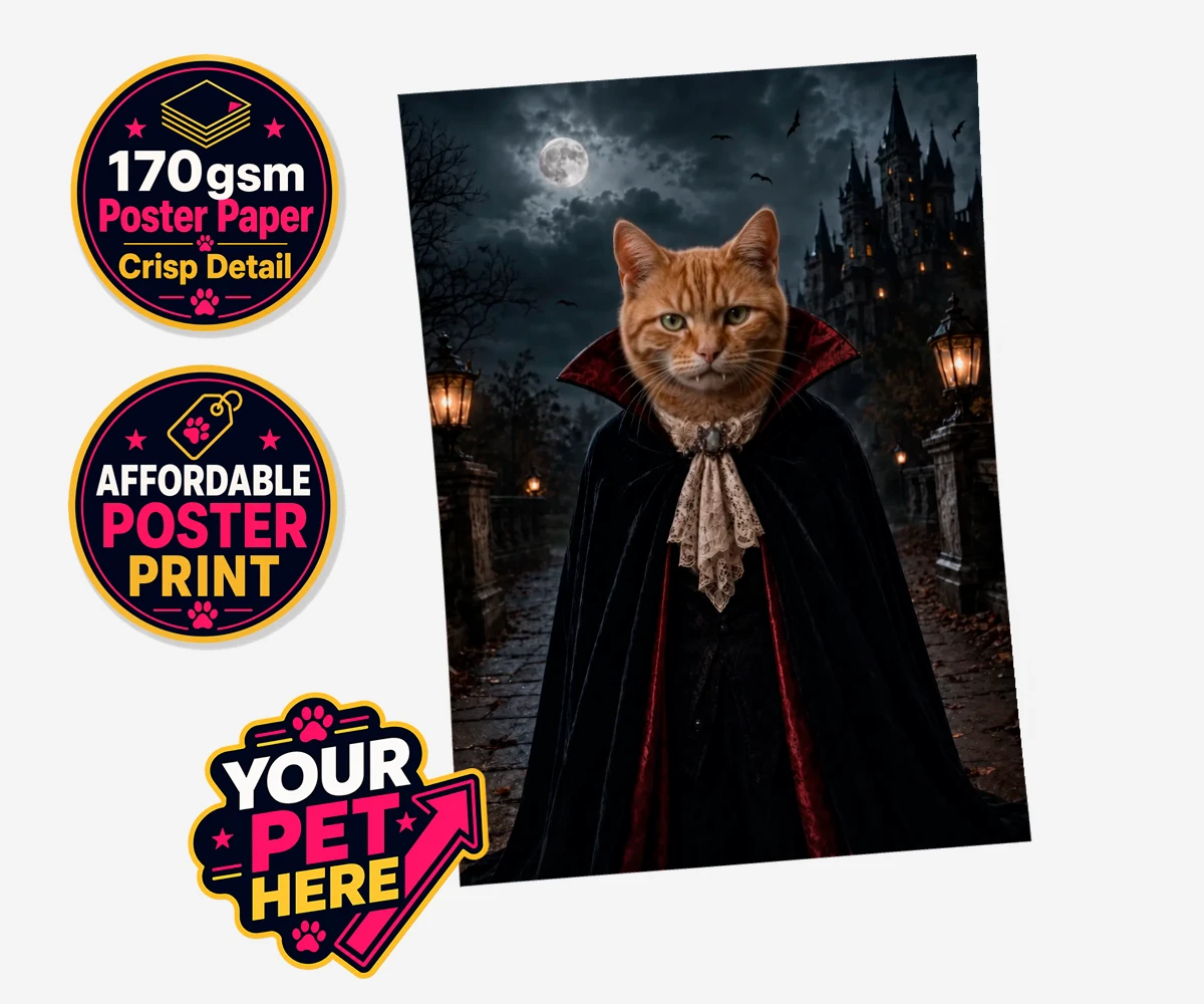 Personalised Dracula Paw cat standard poster print featuring meet Dracula Paw, the purrr-fect blend of feline charm and gothic flai