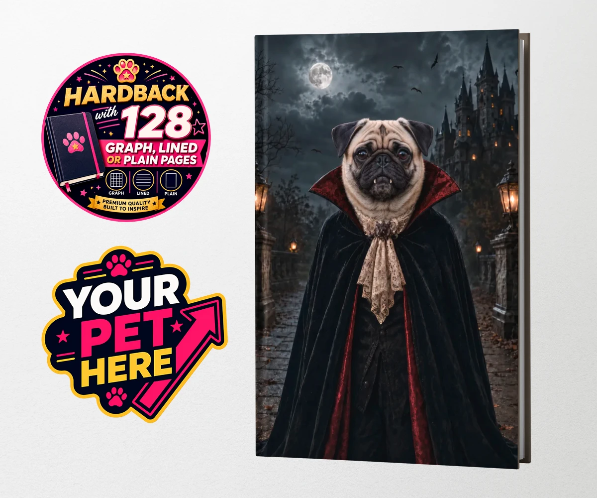 Personalised Dracula Paw dog hardback notebooks featuring meet Dracula Paw, the enchanting canine character that's sure to steal