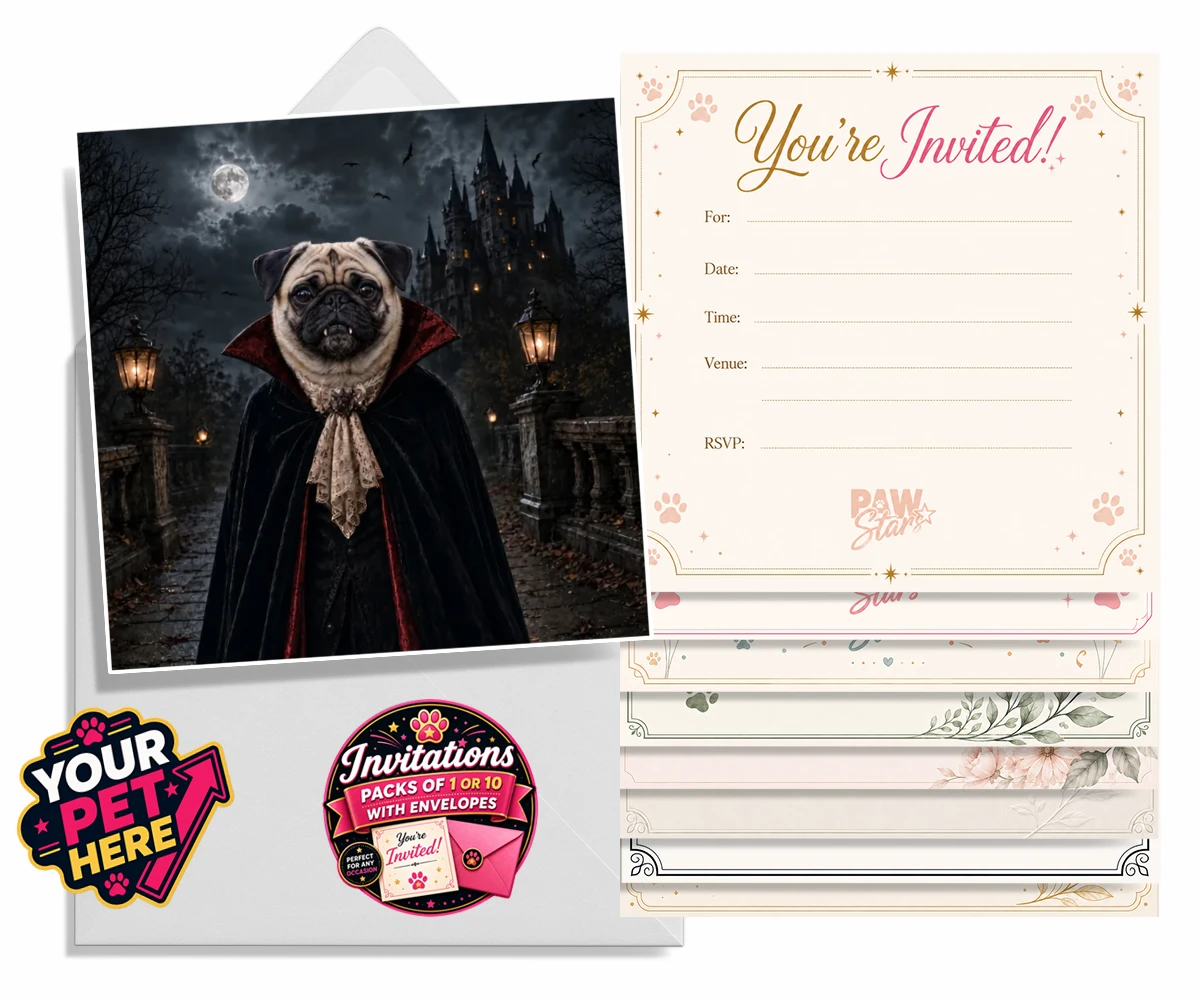 Personalised Dracula Paw dog invitations featuring meet Dracula Paw, the enchanting canine character that's sure to steal