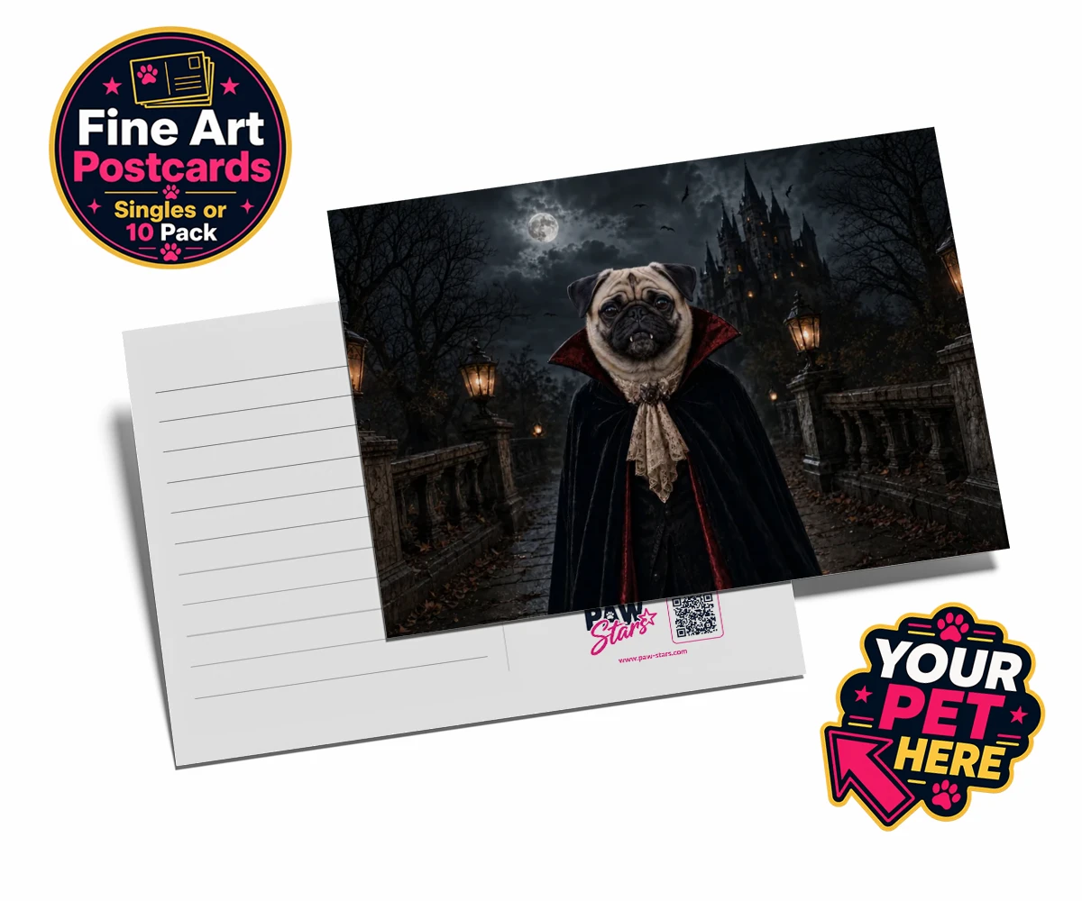 Personalised Dracula Paw dog postcards featuring meet Dracula Paw, the enchanting canine character that's sure to steal