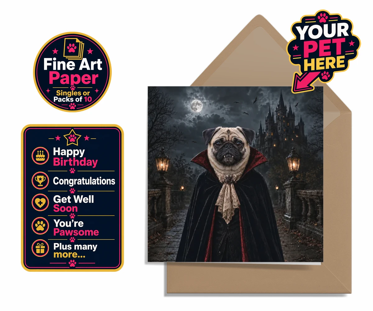Personalised Dracula Paw dog premium greetings cards featuring meet Dracula Paw, the enchanting canine character that's sure to steal