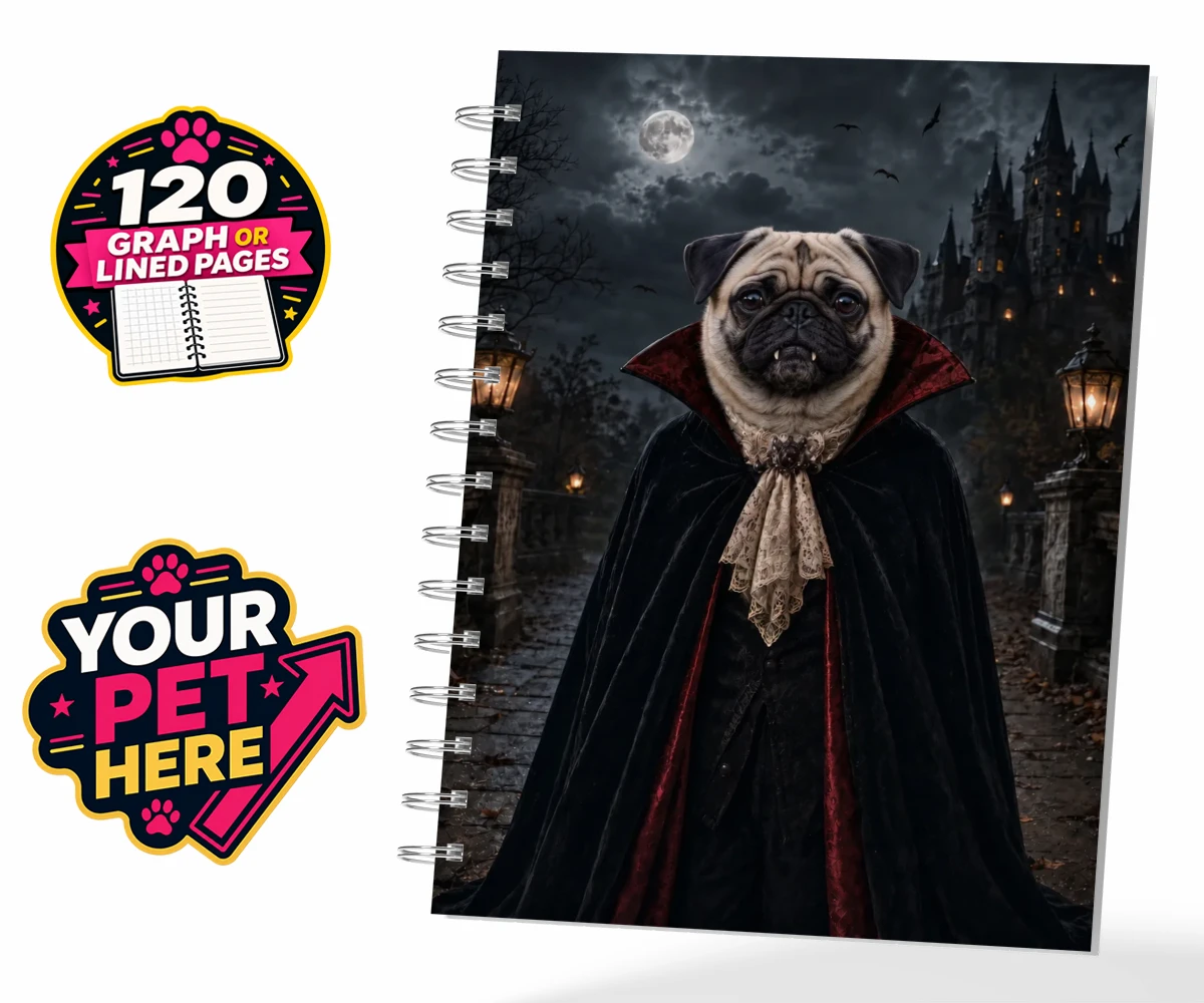 Personalised Dracula Paw dog spiral notebook featuring meet Dracula Paw, the enchanting canine character that's sure to steal