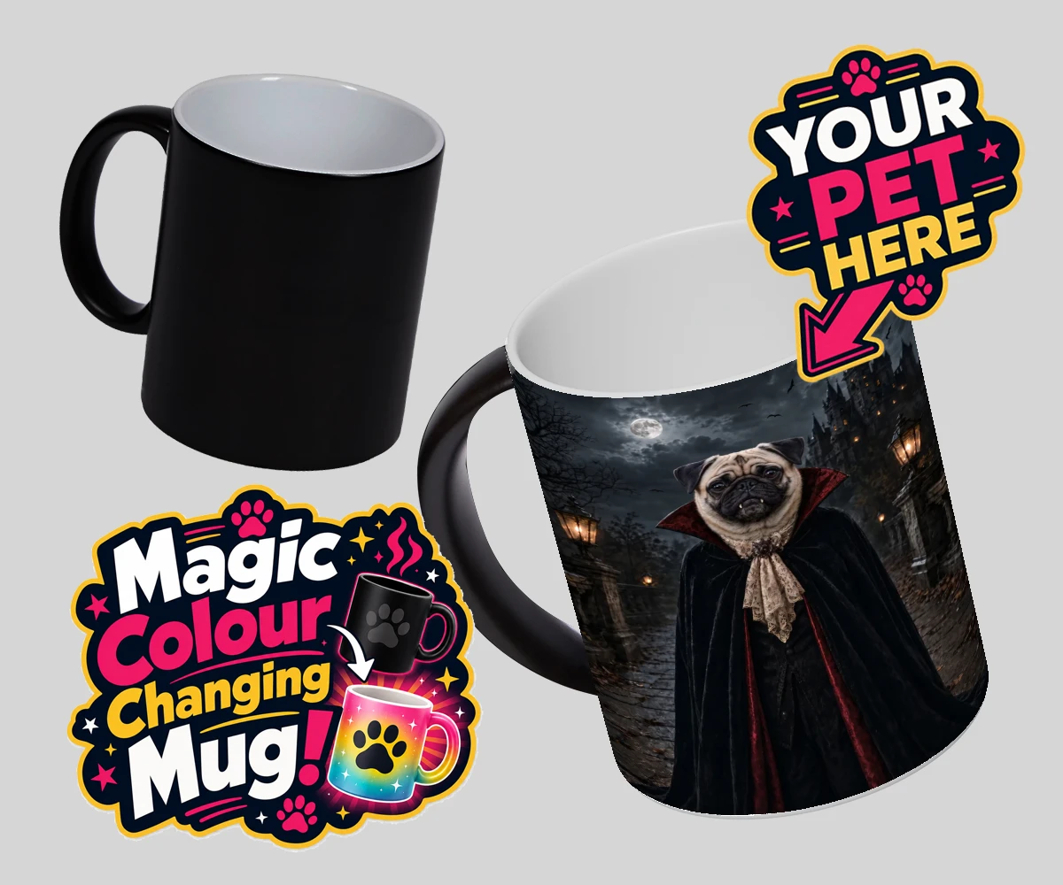 Personalised Dracula Paw dog magic photo mugs featuring meet Dracula Paw, the enchanting canine character that's sure to steal