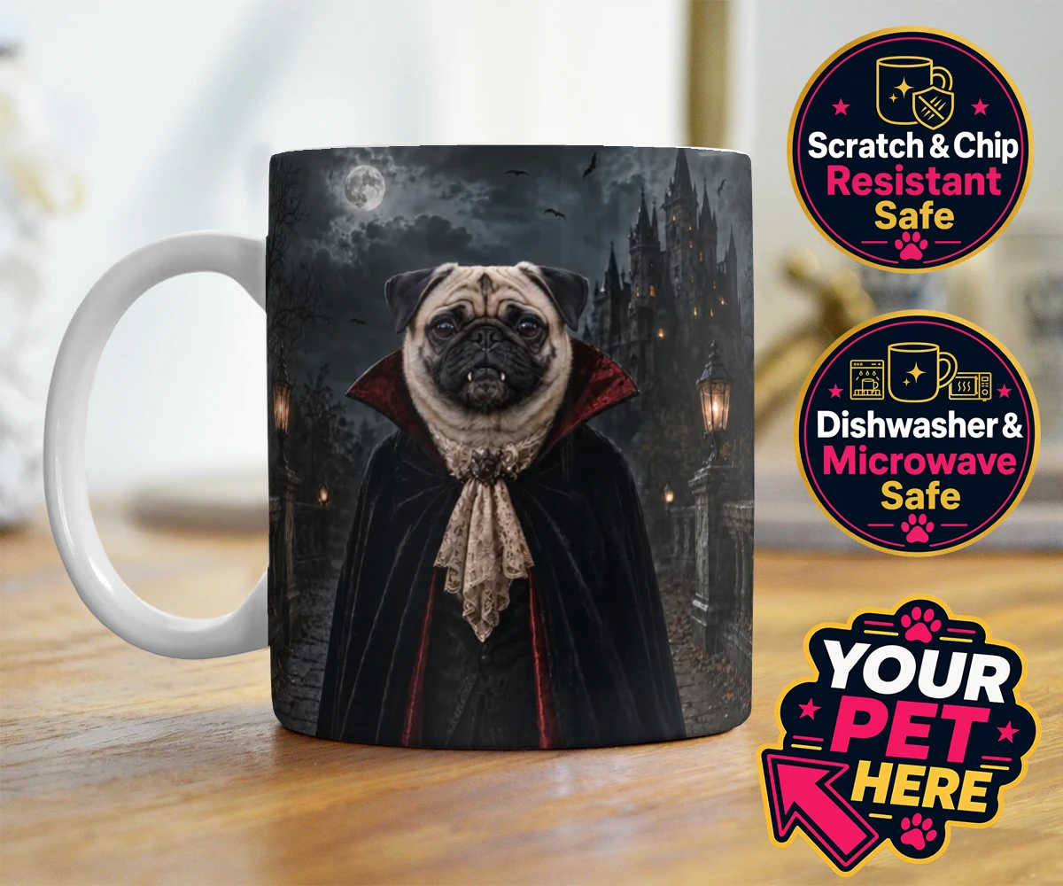 Personalised Dracula Paw dog photo mugs featuring meet Dracula Paw, the enchanting canine character that's sure to steal