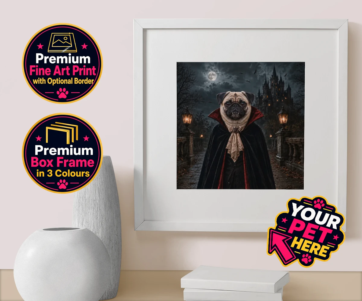 Personalised Dracula Paw dog box framed print featuring meet Dracula Paw, the enchanting canine character that's sure to steal