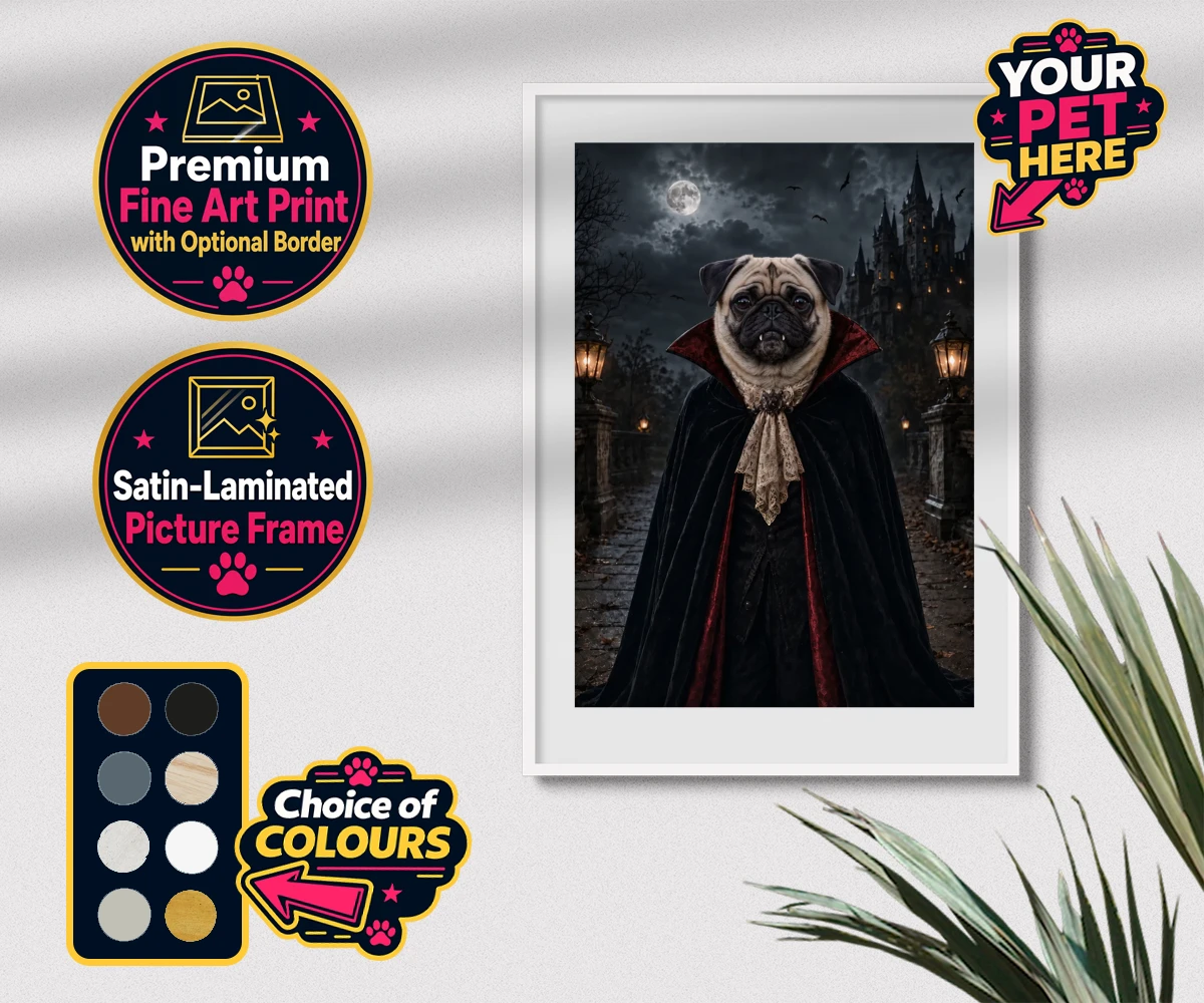 Personalised Dracula Paw dog premium framed print featuring meet Dracula Paw, the enchanting canine character that's sure to steal