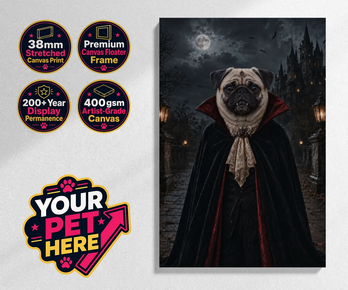 Personalised Dracula Paw dog stretched canvas print featuring meet Dracula Paw, the enchanting canine character that's sure to steal