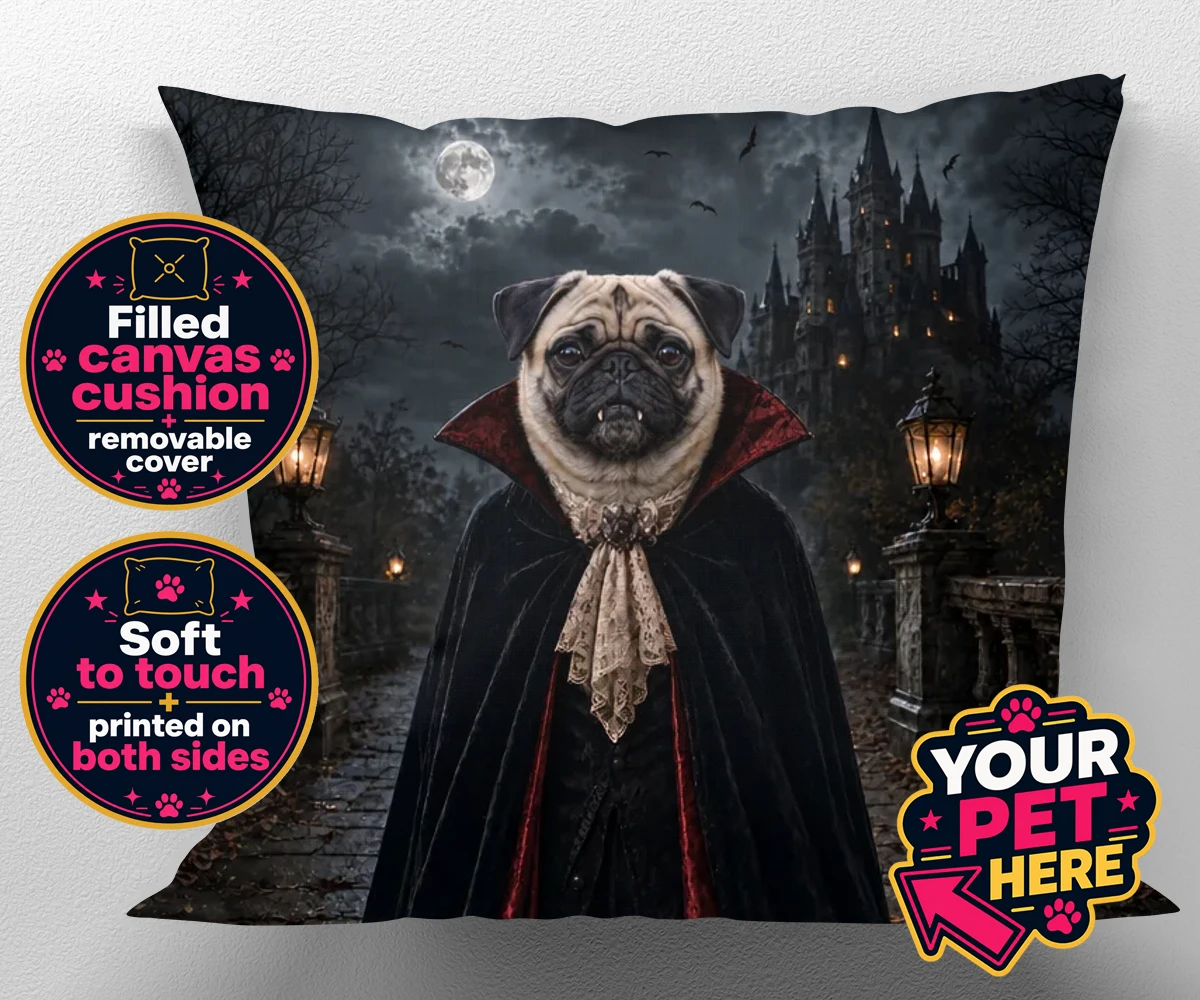 Personalised Dracula Paw dog canvas cushions featuring meet Dracula Paw, the enchanting canine character that's sure to steal