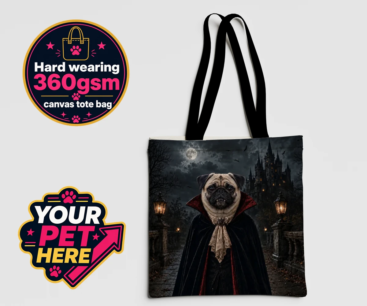 Personalised Dracula Paw dog canvas tote bags featuring meet Dracula Paw, the enchanting canine character that's sure to steal