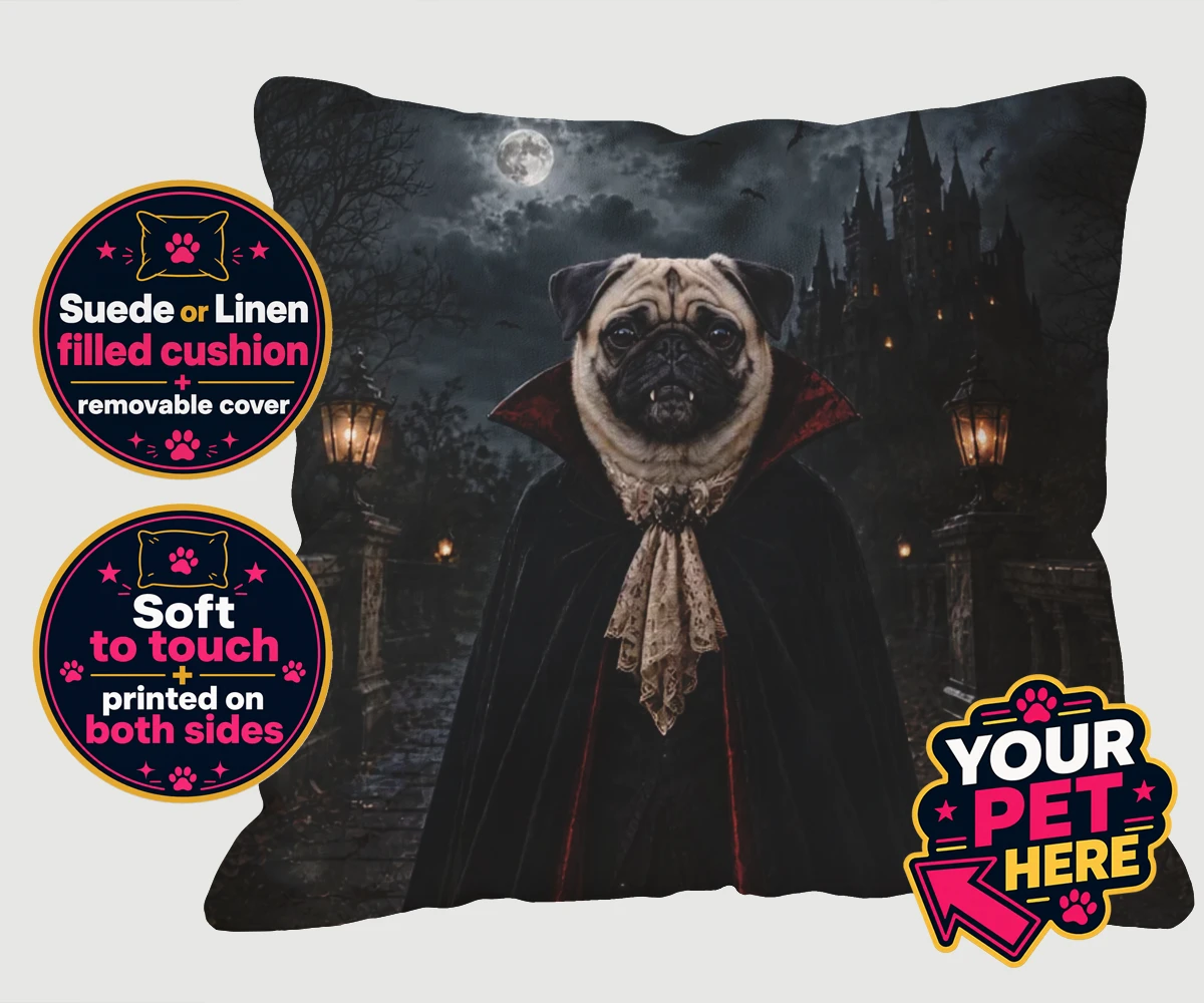 Personalised Dracula Paw dog cushions featuring meet Dracula Paw, the enchanting canine character that's sure to steal