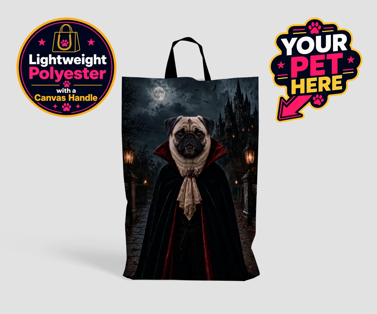 Personalised Dracula Paw dog shopping bags featuring meet Dracula Paw, the enchanting canine character that's sure to steal
