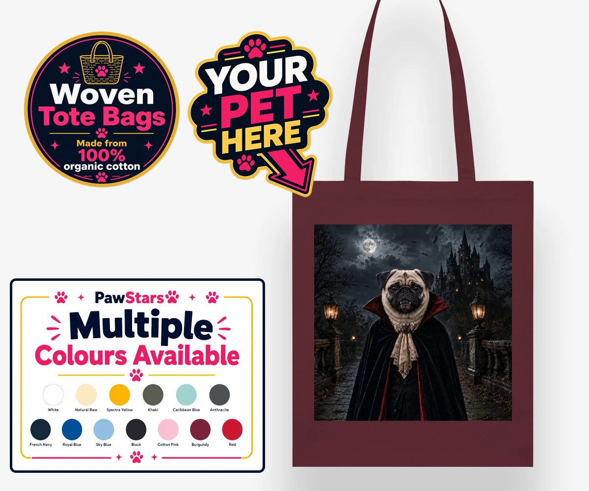 Personalised Dracula Paw dog woven tote bags featuring meet Dracula Paw, the enchanting canine character that's sure to steal