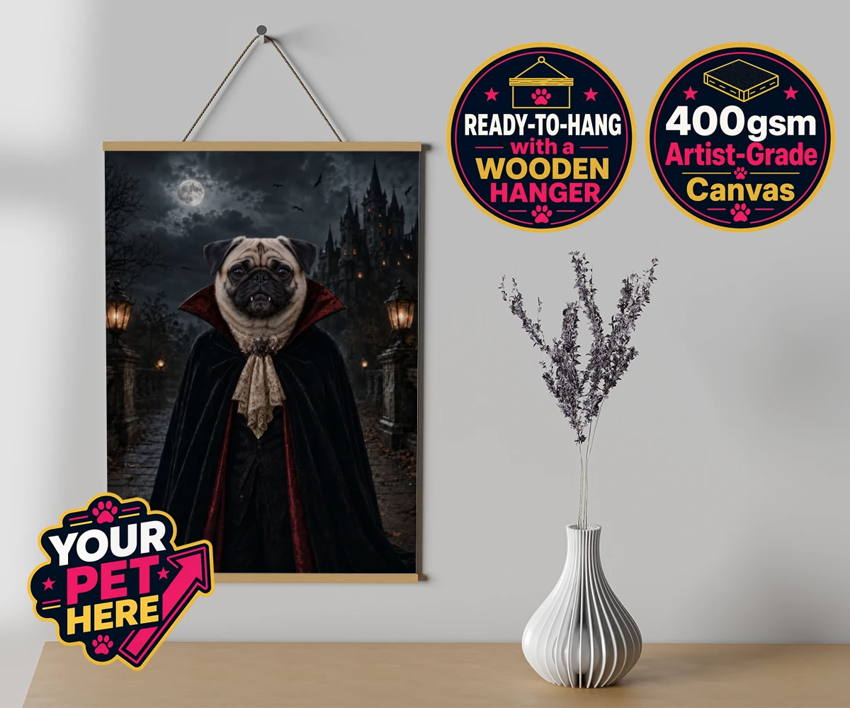 Personalised Dracula Paw dog canvas poster prints with hanger featuring meet Dracula Paw, the enchanting canine character that's sure to steal