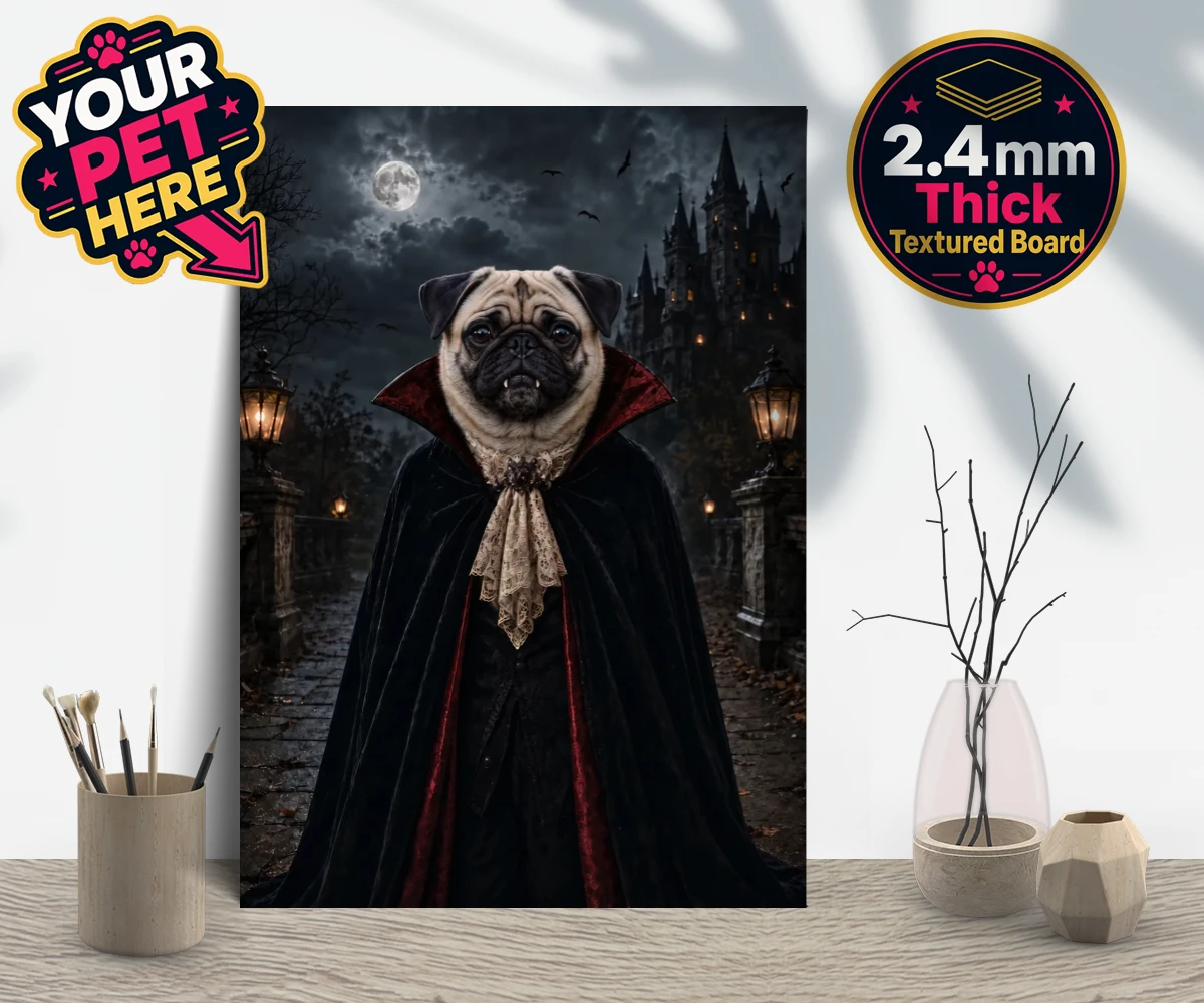 Personalised Dracula Paw dog gallery boards featuring meet Dracula Paw, the enchanting canine character that's sure to steal
