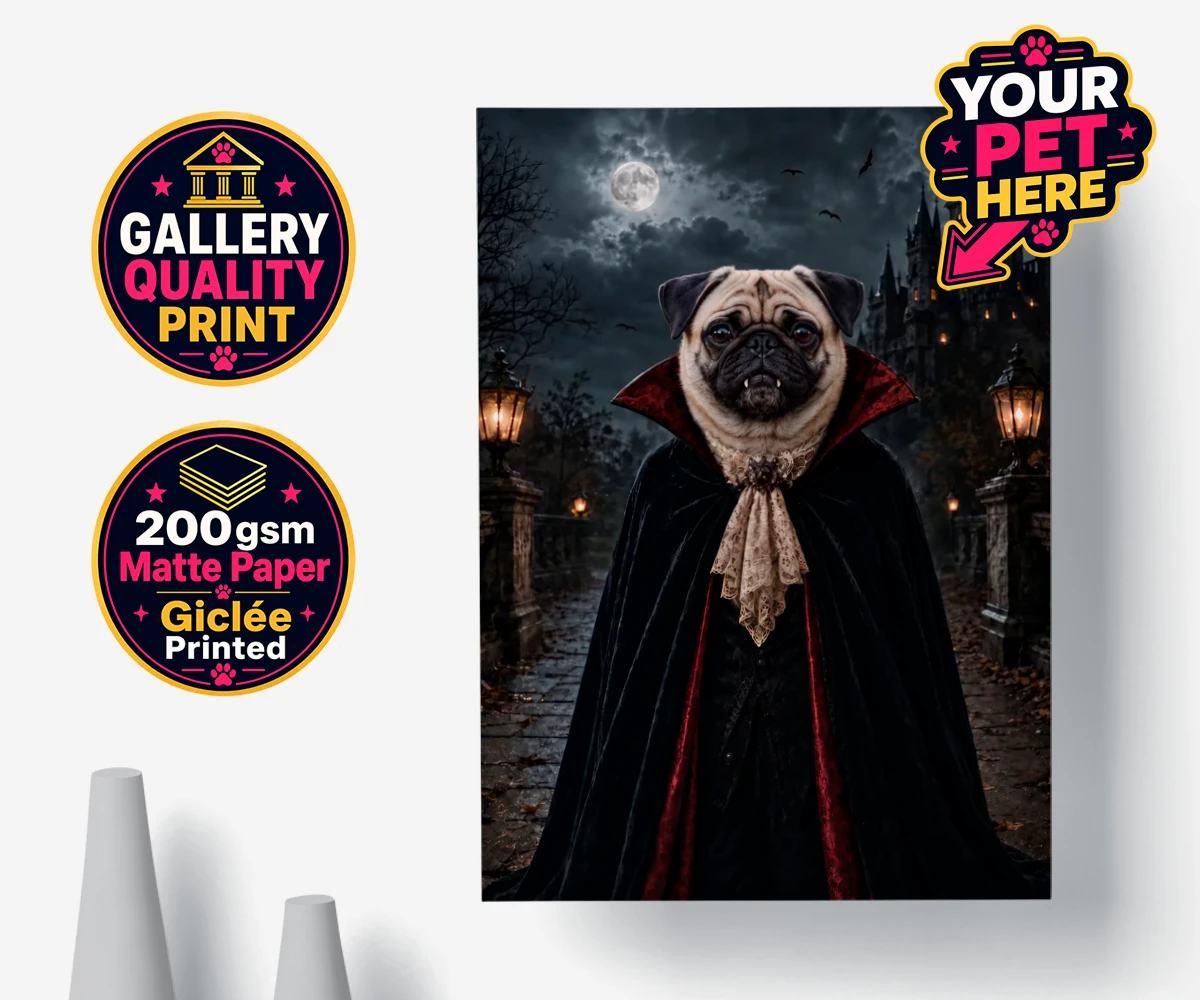 Personalised Dracula Paw dog premium poster print featuring meet Dracula Paw, the enchanting canine character that's sure to steal