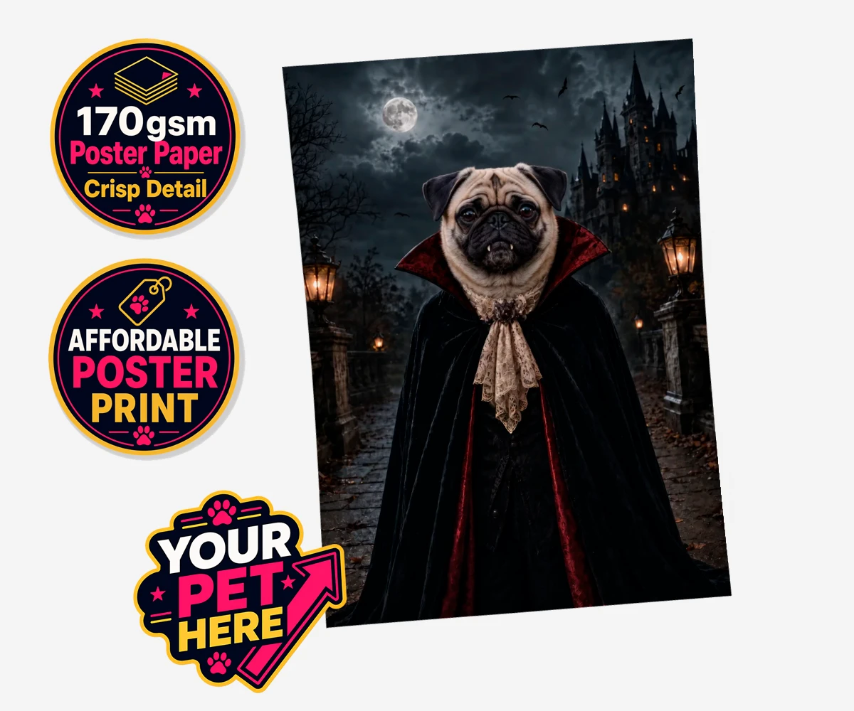 Personalised Dracula Paw dog standard poster print featuring meet Dracula Paw, the enchanting canine character that's sure to steal