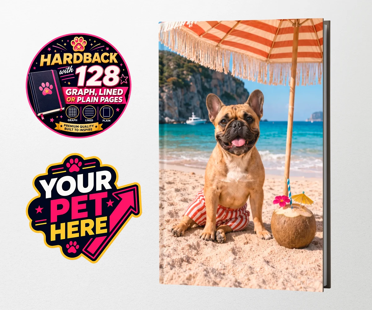 Personalised Beach Day dog hardback notebooks featuring meet Beach Day, your furry friend’s ultimate portrait that captures th