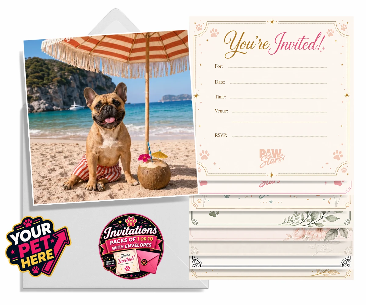 Personalised Beach Day dog invitations featuring meet Beach Day, your furry friend’s ultimate portrait that captures th