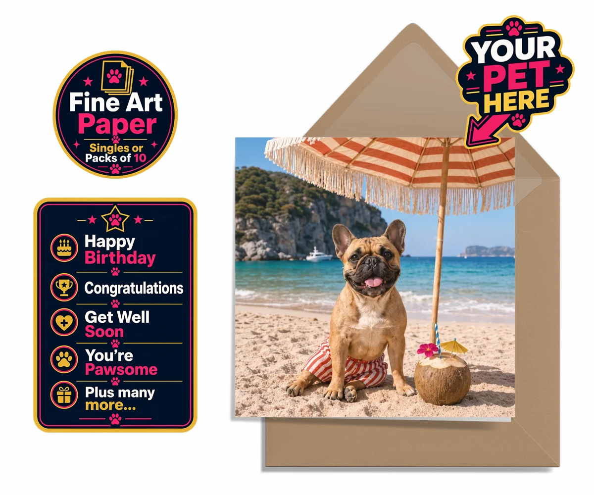 Personalised Beach Day dog premium greetings cards featuring meet Beach Day, your furry friend’s ultimate portrait that captures th