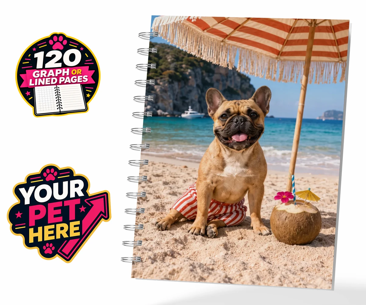 Personalised Beach Day dog spiral notebook featuring meet Beach Day, your furry friend’s ultimate portrait that captures th