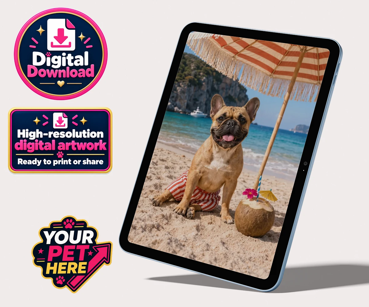 Personalised digital download of Beach Day dog portrait, featuring a dog in red and white striped shorts under a parasol with a coconut drink.