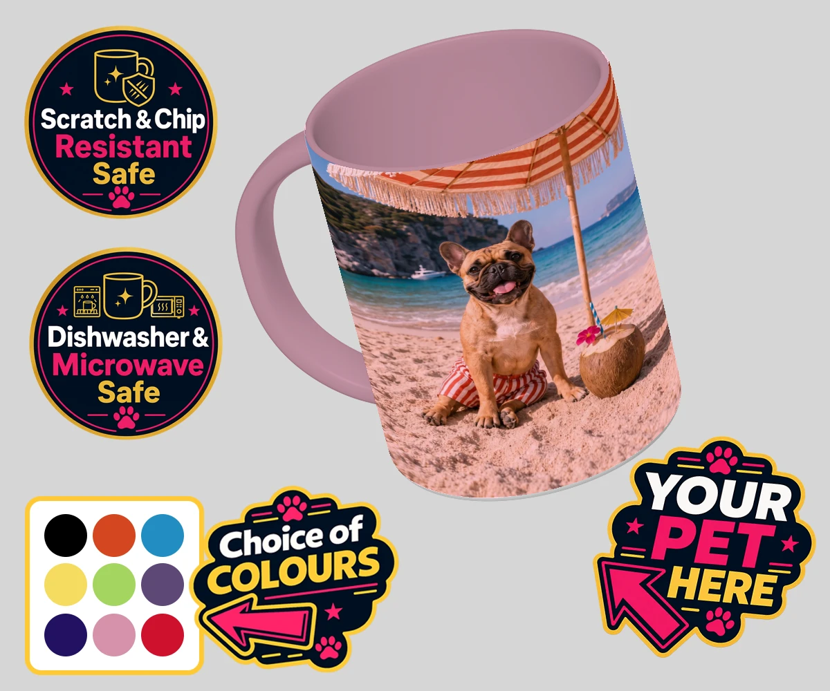 Personalised Beach Day dog coloured photo mugs featuring meet Beach Day, your furry friend’s ultimate portrait that captures th
