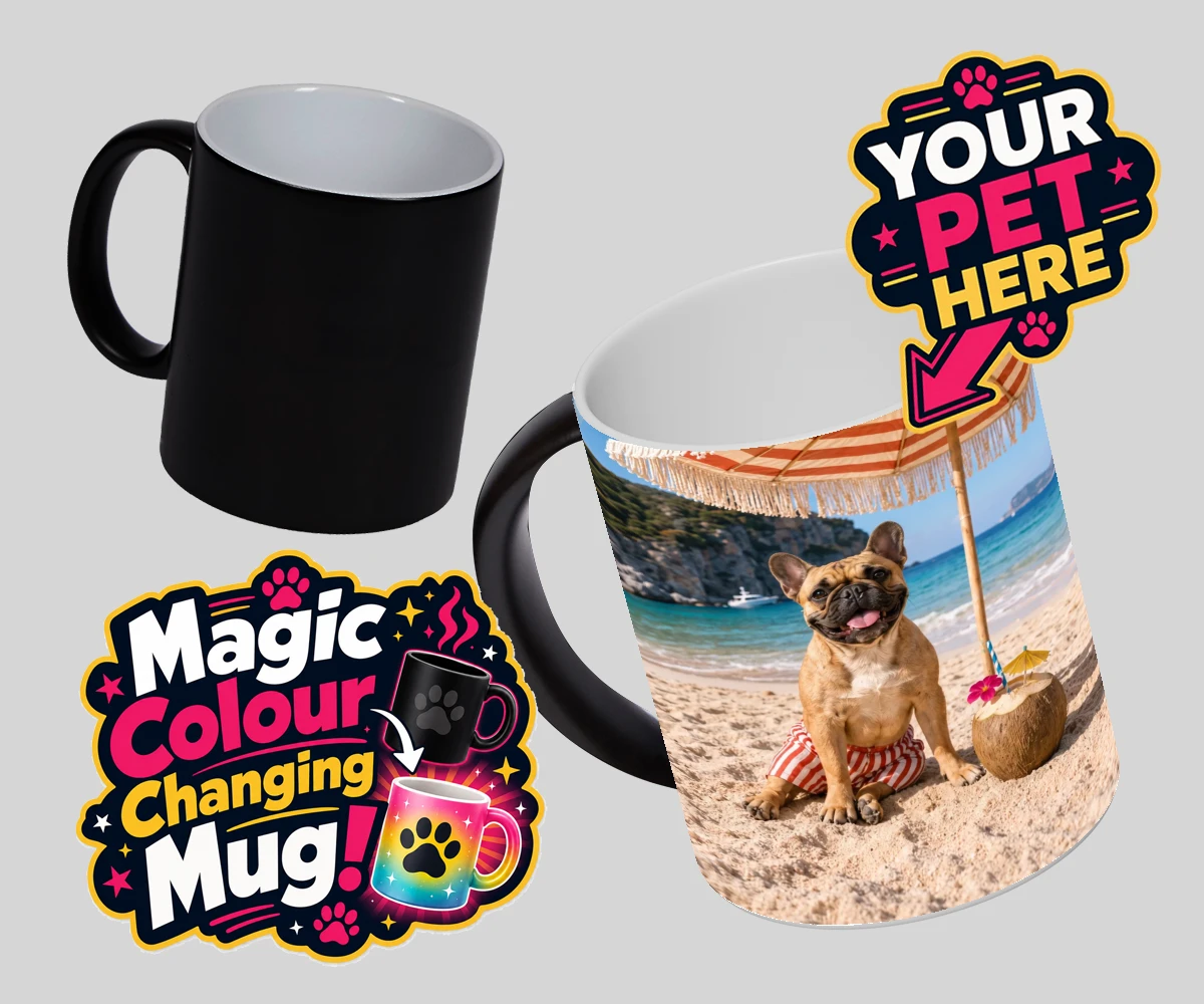Personalised Beach Day dog magic photo mugs featuring meet Beach Day, your furry friend’s ultimate portrait that captures th