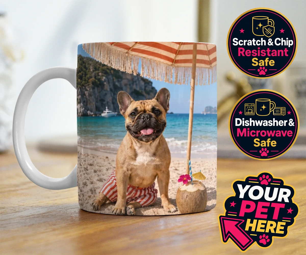 Personalised Beach Day dog photo mugs featuring meet Beach Day, your furry friend’s ultimate portrait that captures th