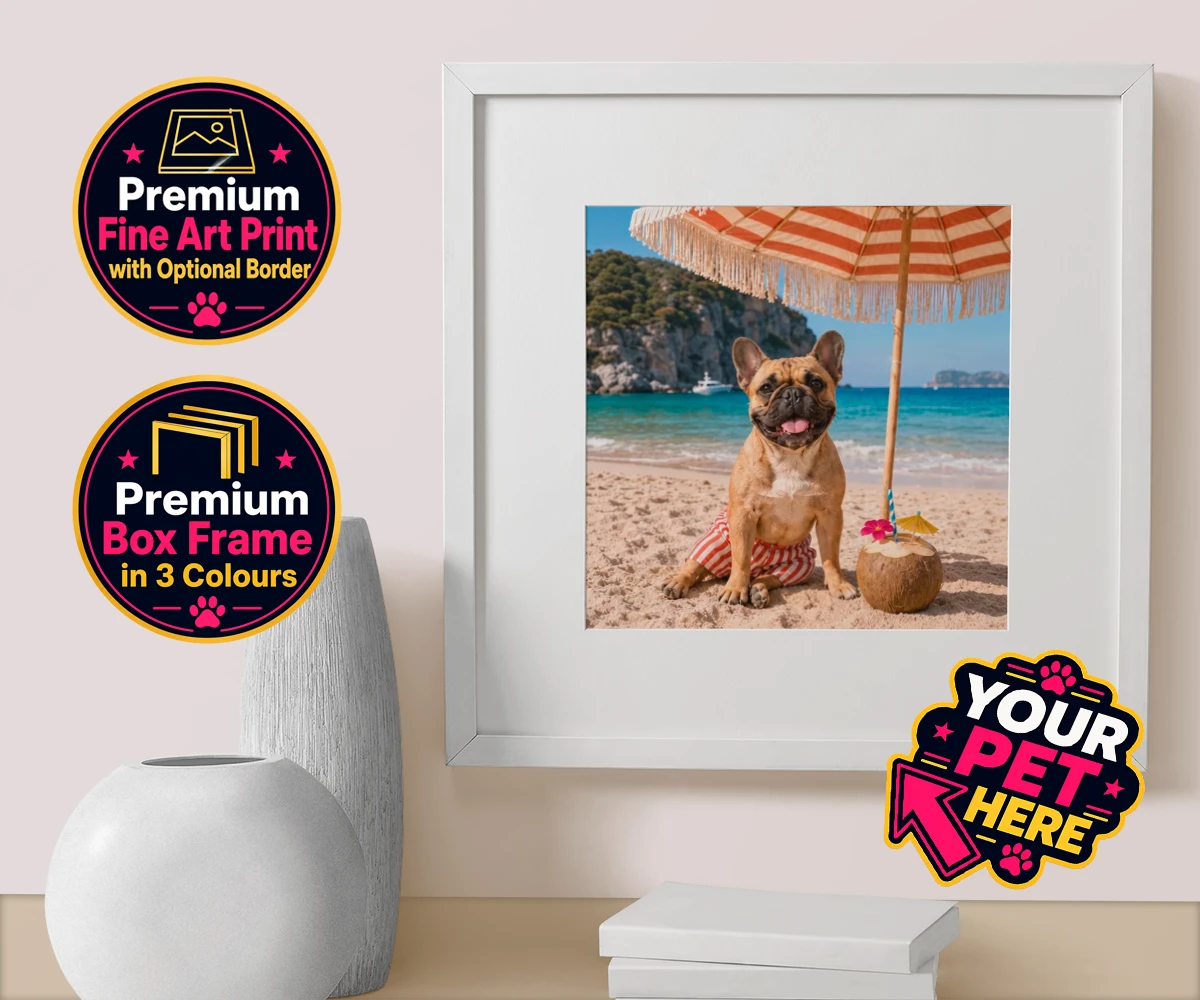Personalised Beach Day dog box framed print featuring meet Beach Day, your furry friend’s ultimate portrait that captures th