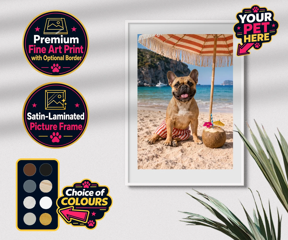 Personalised Beach Day dog premium framed print featuring meet Beach Day, your furry friend’s ultimate portrait that captures th