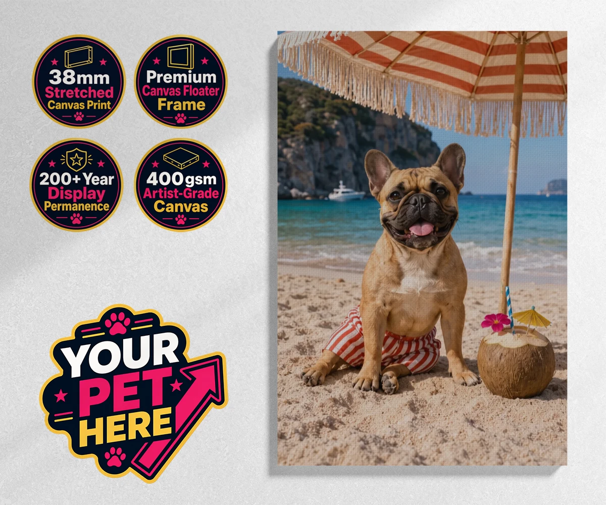 Personalised Beach Day dog stretched canvas print featuring meet Beach Day, your furry friend’s ultimate portrait that captures th