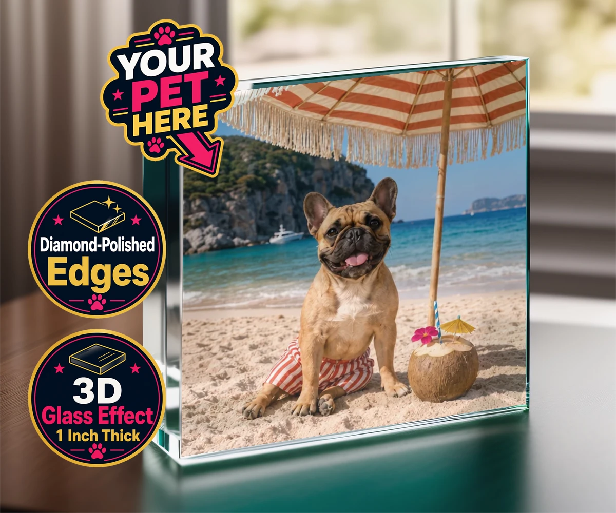 Personalised Beach Day dog acrylic prisms featuring meet Beach Day, your furry friend’s ultimate portrait that captures th