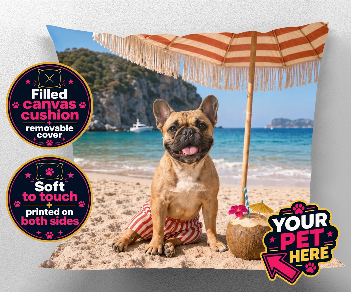 Personalised canvas cushion featuring Beach Day dog character in striped shorts under a parasol with a coconut drink