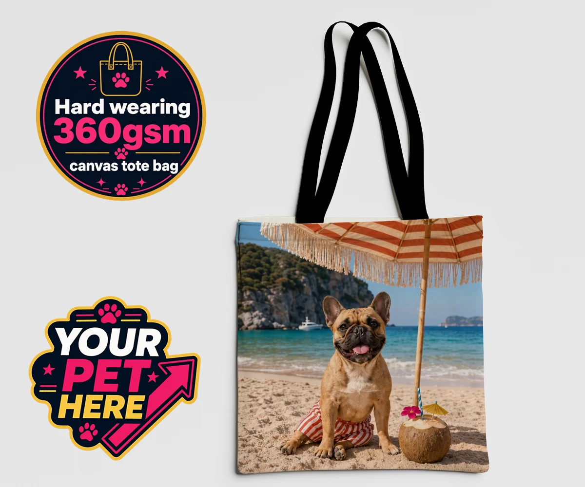 Personalised dog canvas tote bag featuring Beach Day character with red and white striped shorts, coconut drink, and beach setting