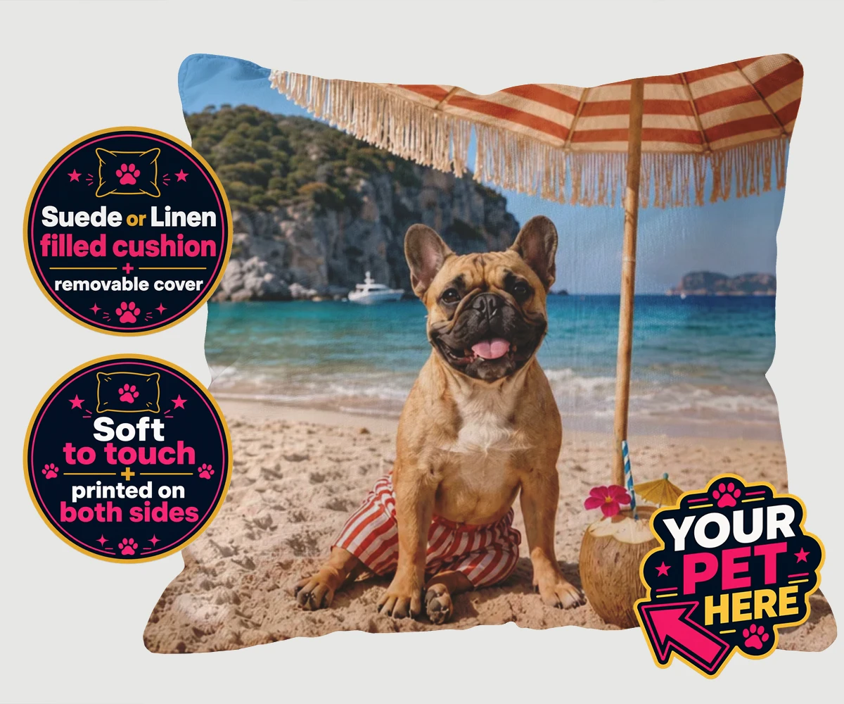 Personalised cushion featuring Beach Day dog character in red and white shorts sipping a coconut drink